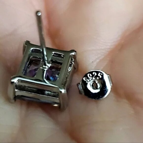 Mystic Rainbow Topaz 3.50CT Princess Cut Earring Pair, 925 Sterling Silver - Picture 4 of 7